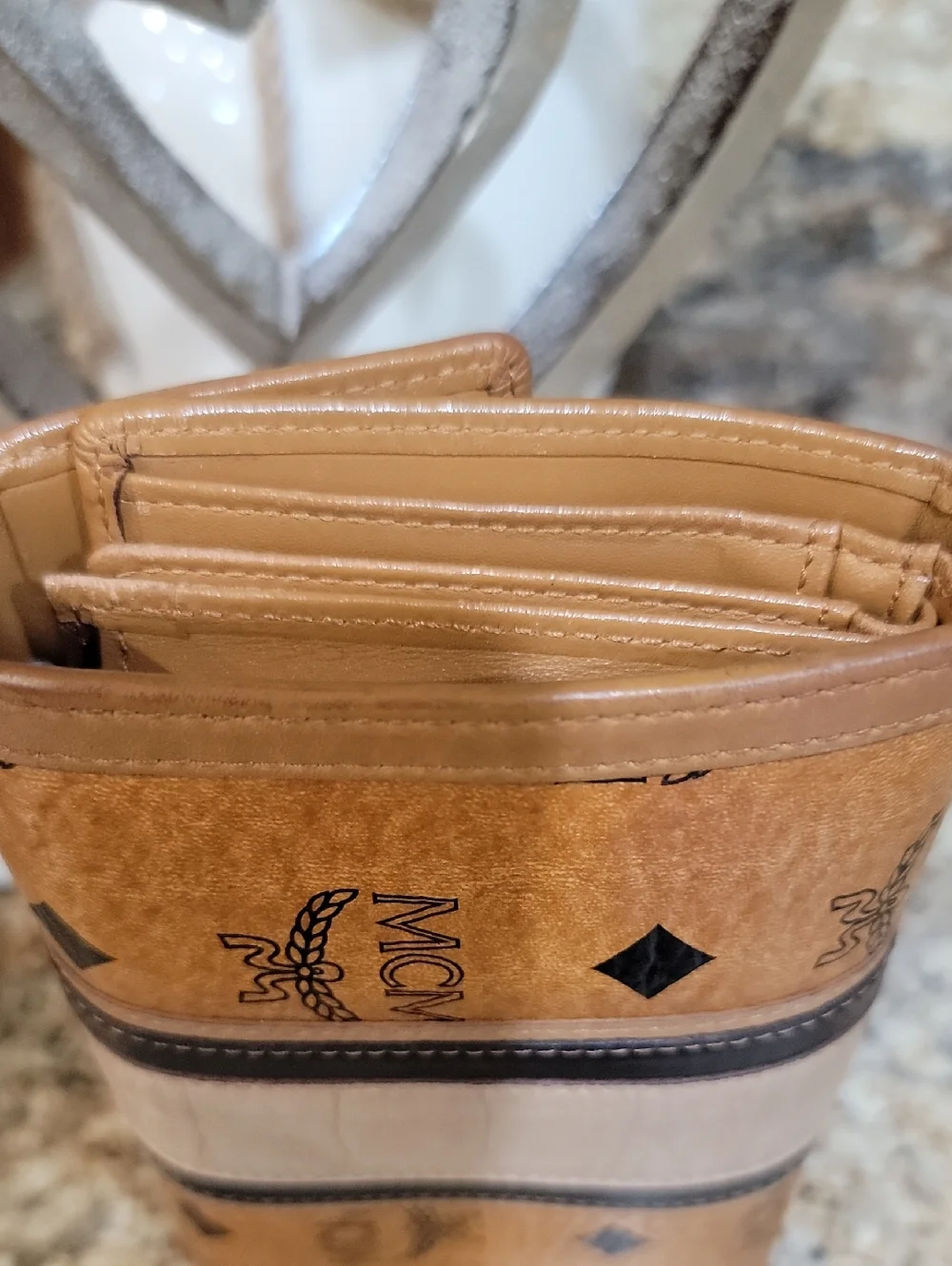 MCM Cognac Cream  Black Visetos Tri-fold Wallet - Picture 5 of 11